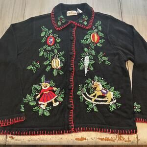 BP Designs Beaded Embroidered Christmas Ornaments Cardigan Sweater Sz L Grandma